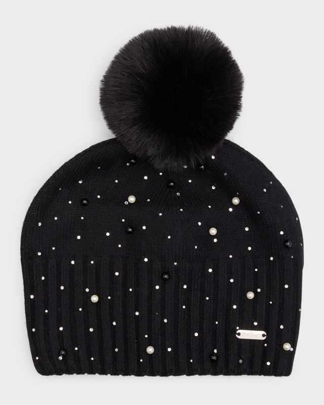 Girl's Pearl And Rhinestone Pompom Beanie